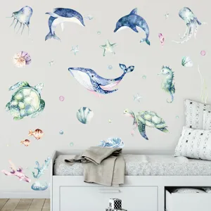 Watercolor ocean animal wall stickers for kids room featuring whales and turtles