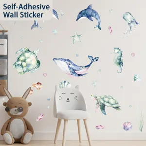 Watercolour cartoon marine animal wall stickers for kids' room decor, whales and turtles
