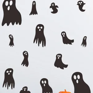 Vista dettagliata di vari adesivi murali neri di fantasmi di Halloween su fondo bianco