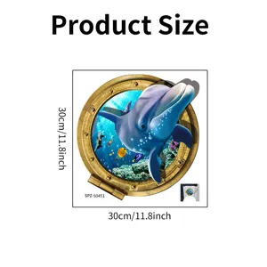 Detailed view of 3D dolphin porthole toilet sticker measuring 30x30cm