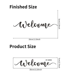 Detailed product dimensions for Welcome wall sticker SKU SP-S0003 showing sizes