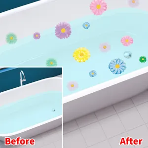 Comparison showing bathtub before and after applying colorful flower anti-slip stickers