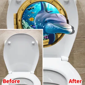 Comparison showing bathroom toilet before and after applying a 3D dolphin porthole sticker