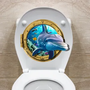 Close-up detail of 3D dolphin porthole toilet sticker for underwater bathroom decoration