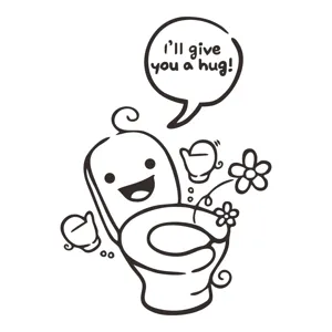 Funny cartoon toilet seat sticker featuring a smiling toilet character with a hug message
