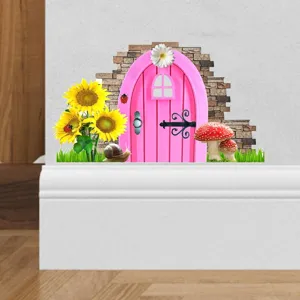 Close-up detail of a pink cartoon fairy door wall sticker with sunflower and mushroom decor