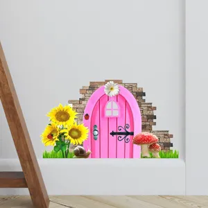 Cartoon fairy door wall sticker with sunflowers and mushrooms for bedroom wall decor
