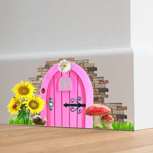 Vivid pink fairy door corner wall sticker featuring sunflowers, mushrooms and ladybugs