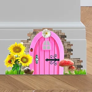 Detailed view of fairy door wall sticker with sunflowers for room corner decor
