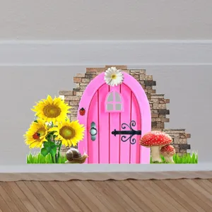 Detailed macro view of a pink fairy door wall sticker with sunflowers applied to a room corner