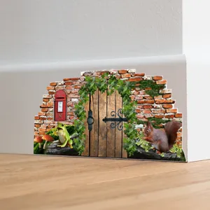 Detailed view of 3D fairy door wall decal applied to a room corner baseboard