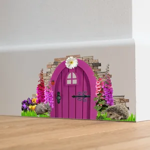 Detailed view of a purple cartoon fairy door wall sticker on a white corner.