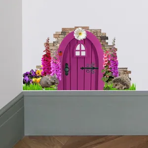 Detail of whimsical pink fairy door wall sticker with cute hedgehog and mouse decoration