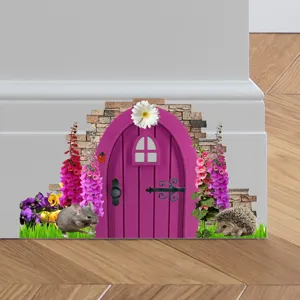 Detail of purple fairy door wall decal with cute mouse and hedgehog motifs.