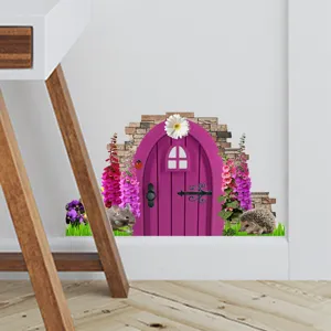 Detailed view of a 3D cartoon fairy door wall sticker applied to a white bedroom wall corner