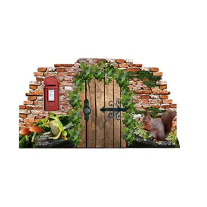 Self-adhesive 3D fairy garden wall sticker featuring a wooden door, ivy and squirrel