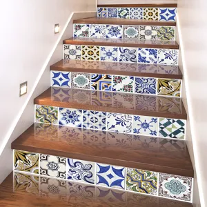 Detailed view of self-adhesive European geometric pattern staircase riser stickers