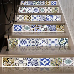 Macro view of colorful vintage 3D European tile pattern stickers on staircase risers