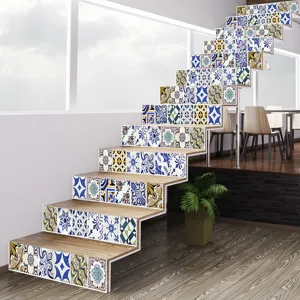 Self-adhesive 3D stair stickers with geometric European tile patterns for home renovation