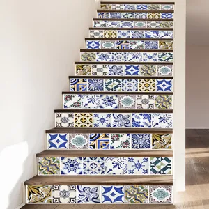 European geometric 3D self-adhesive tile stickers applied on indoor wooden stairs.