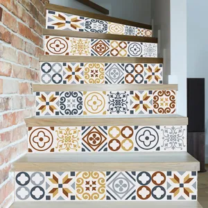 Detail showing decorative geometric tile-patterned stickers on wooden staircase risers.