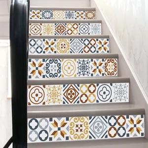 Detailed view of geometric Mediterranean style self-adhesive stickers applied on stairs