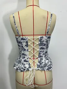 Blue and white porcelain print corset top, vintage pastoral style camisole with lace-up back.