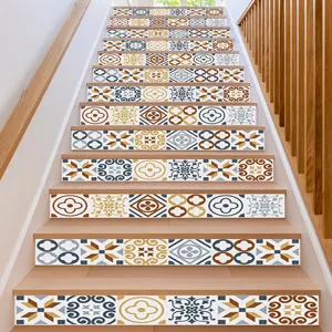 Self-adhesive geometric European style stair stickers applied on wooden stairs