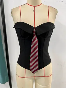 Black strapless corset top with striped tie, college style short bustier for women.