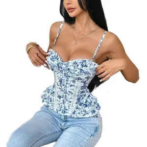 Blue and white porcelain print corset top with ruffles, spaghetti straps, and slim fit.