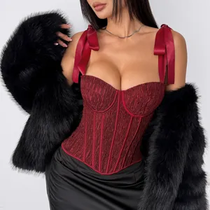 Top corset sexy rouge avec baleines coussinets de poitrine et bretelles en satin style mode