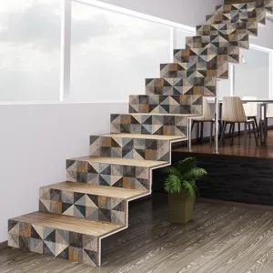 Geometric 3D stair stickers with brown and grey triangle patterns on home steps
