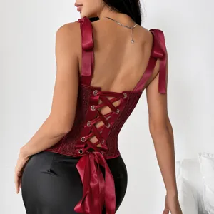 Top corset rouge en satin pour femme, caraco sexy dos nu à lacets avec bretelles nœud ruban.