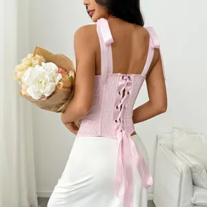 Top corset rose à bretelles ruban lacets au dos mode sexy vêtements pour femmes