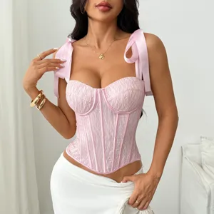 Haut bustier corset ruché à bretelles ruban satin rose pour mode femme vêtement neuf.