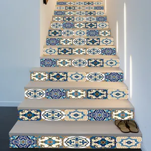 Detailed view of geometric Mediterranean tile stickers applied to indoor staircase steps