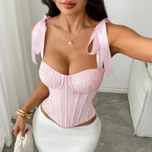 Top corset ruché rose avec bretelles en satin et armatures pour femmes mode chic