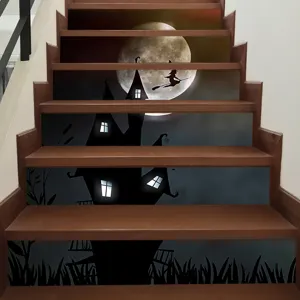 Halloween stair riser stickers featuring a full moon witch and haunted castle mural