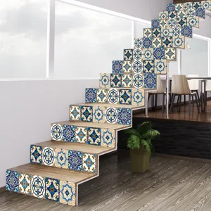 Detailed view of 3D geometric European pattern stickers applied to indoor wooden stairs
