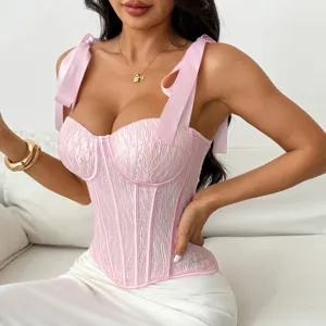 Top corset rose en satin séduisant avec bretelles à nœud, bustier baleiné chic pour femmes.