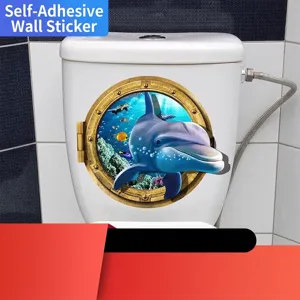 3D Dolphin Porthole Toilet Sticker Underwater Sea World Waterproof PVC Wall Decal For Bathroom Home Decor