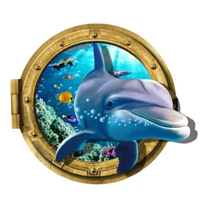 3D porthole wall sticker featuring a jumping dolphin and underwater sea life scene