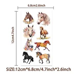 Detailed size guide for children's waterproof horse temporary tattoo sticker sheet