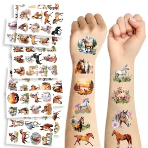Detail showing temporary horse tattoo application on arm with realistic watercolor sheets.