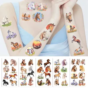 Detailed view of colorful horse temporary tattoo stickers and skin application effect