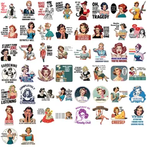 Set of 50 vintage cartoon female quote stickers for laptop and guitar DIY decor