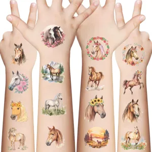 Watercolor horse temporary tattoo stickers for kids featuring floral and nature designs