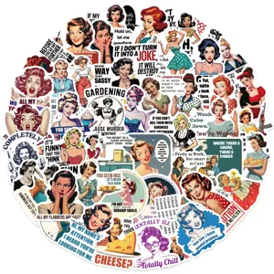 Collage of 50 vintage pin-up girl stickers with funny English quotes for decoration.