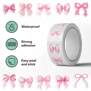 Detail view of pink bow sticker roll with waterproof and strong adhesive features