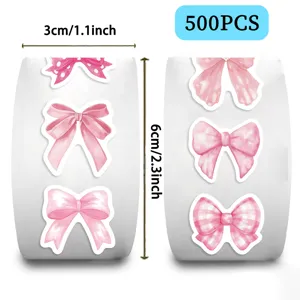 Detailed view of 500pcs pink bow stickers roll showing dimensions of 3cm and 6cm